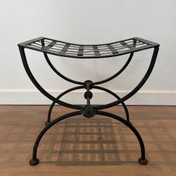 Paire de Tabourets Curules en Fer Forgé et Métal Patiné, Travail Français, Vers 1940