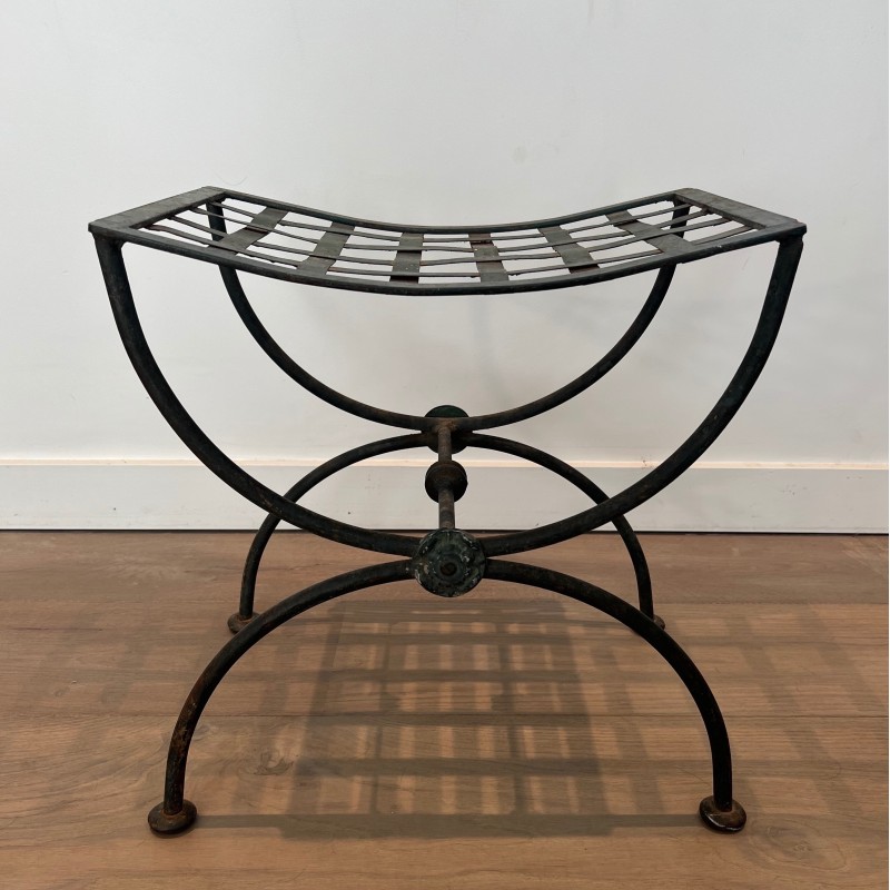 Pair of Curule Stools in Wrought Iron and Patinated Metal, French Work, Circa 1940