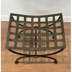 Pair of Curule Stools in Wrought Iron and Patinated Metal, French Work, Circa 1940
