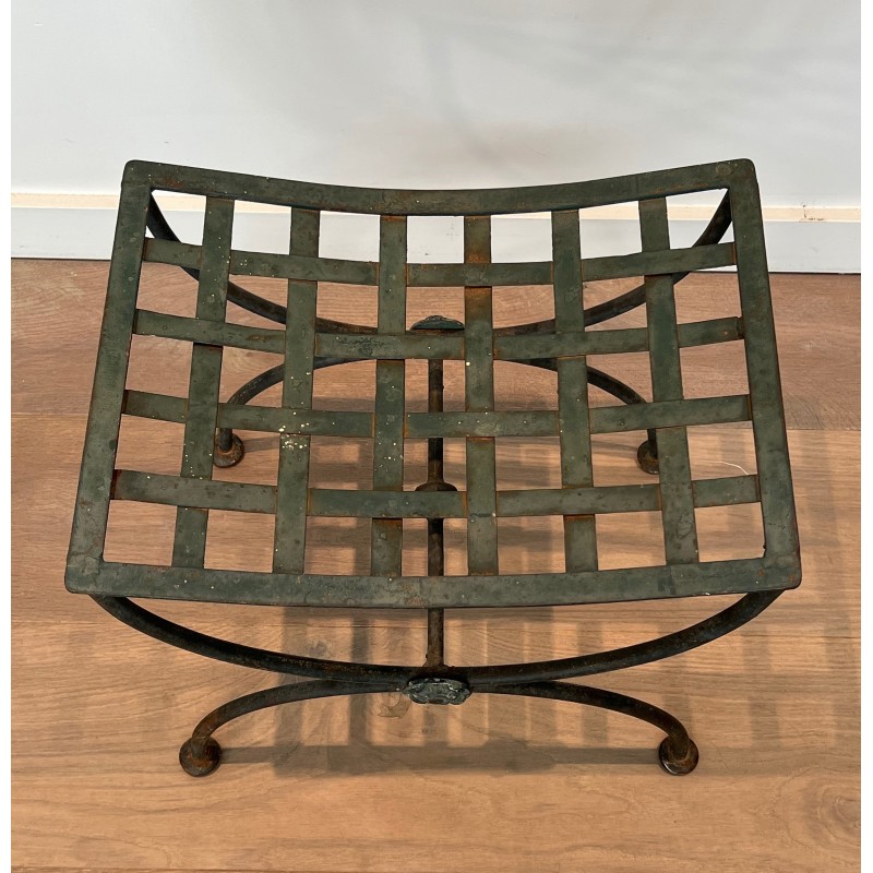 Paire de Tabourets Curules en Fer Forgé et Métal Patiné, Travail Français, Vers 1940