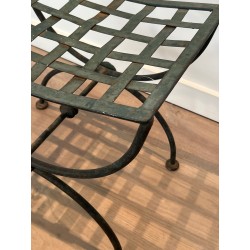 Paire de Tabourets Curules en Fer Forgé et Métal Patiné, Travail Français, Vers 1940
