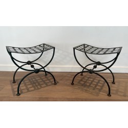 Paire de Tabourets Curules en Fer Forgé et Métal Patiné, Travail Français, Vers 1940
