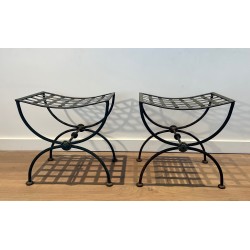 Paire de Tabourets Curules en Fer Forgé et Métal Patiné, Travail Français, Vers 1940