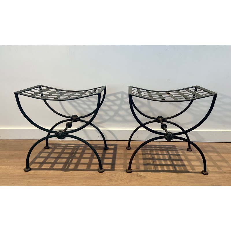 Pair of Curule Stools in Wrought Iron and Patinated Metal, French Work, Circa 1940