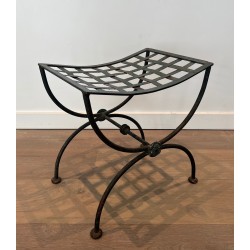 Paire de Tabourets Curules en Fer Forgé et Métal Patiné, Travail Français, Vers 1940