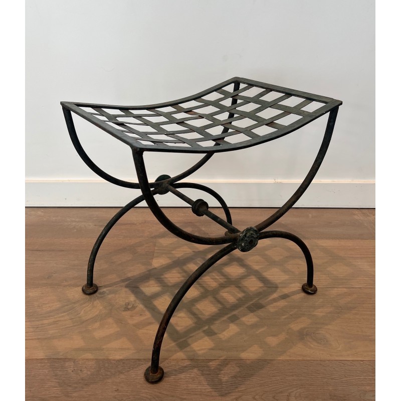 Paire de Tabourets Curules en Fer Forgé et Métal Patiné, Travail Français, Vers 1940