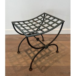 Paire de Tabourets Curules en Fer Forgé et Métal Patiné, Travail Français, Vers 1940