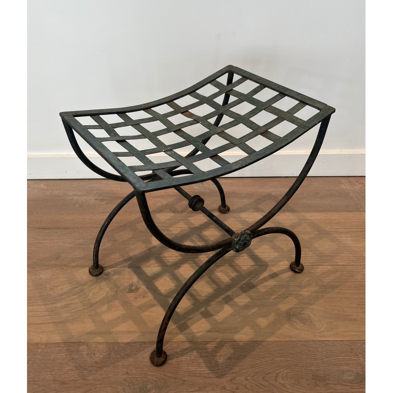 Pair of Curule Stools in Wrought Iron and Patinated Metal, French Work, Circa 1940