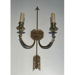 Paire d'Appliques Bronze Empire aux Flèches, Effigie Roi Soleil, Lucien Gau | vers 1950