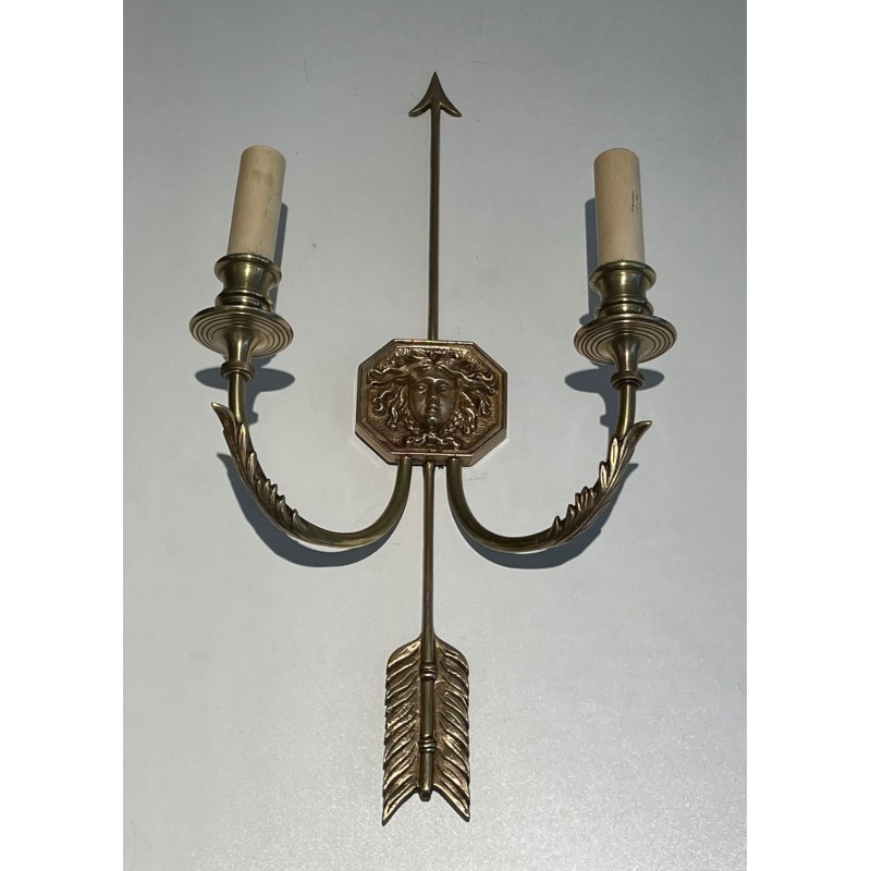 Paire d'Appliques Bronze Empire aux Flèches, Effigie Roi Soleil, Lucien Gau | vers 1950