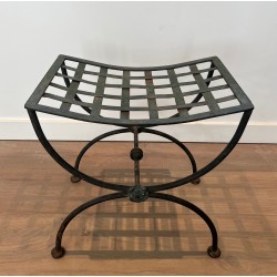 Pair of Curule Stools in Wrought Iron and Patinated Metal, French Work, Circa 1940