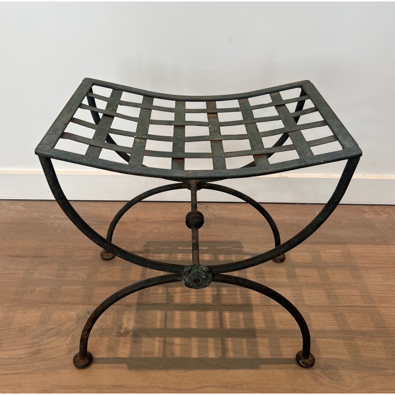 Pair of Curule Stools in Wrought Iron and Patinated Metal, French Work, Circa 1940