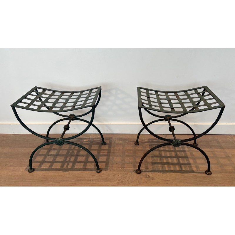 Pair of Curule Stools in Wrought Iron and Patinated Metal, French Work, Circa 1940