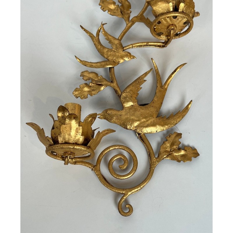 Pair of Gilded Metal Bird Wall Sconces in the Taste of Maison Baguès | French Work, circa 1970