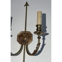 Paire d'Appliques Bronze Empire aux Flèches, Effigie Roi Soleil, Lucien Gau | vers 1950