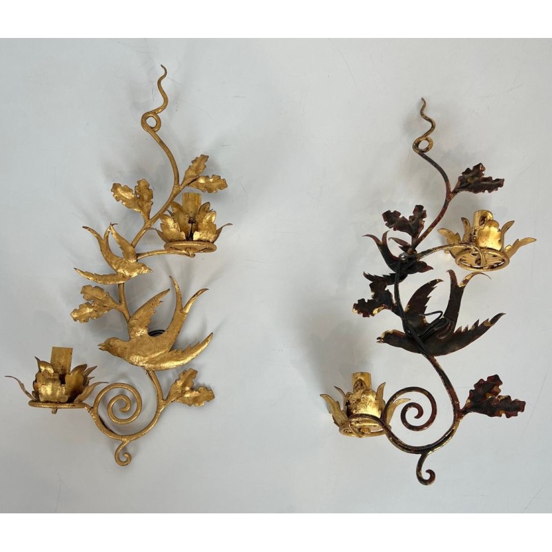 Pair of Gilded Metal Bird Wall Sconces in the Taste of Maison Baguès | French Work, circa 1970