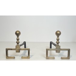 Pair of Neoclassical Style Brass Andirons, French Work, Circa 1900