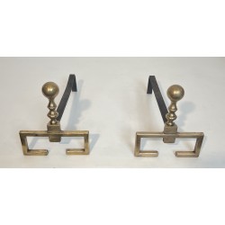 Paire de Chenets de Style Néoclassique en Laiton, Travail Français, Vers 1900