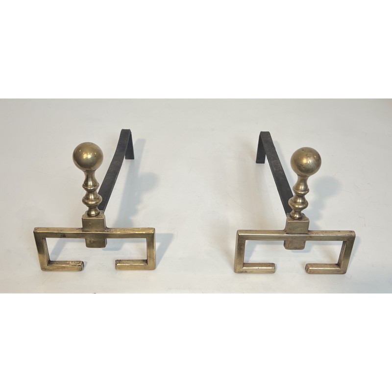 Pair of Neoclassical Style Brass Andirons, French Work, Circa 1900