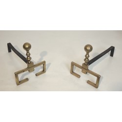 Paire de Chenets de Style Néoclassique en Laiton, Travail Français, Vers 1900