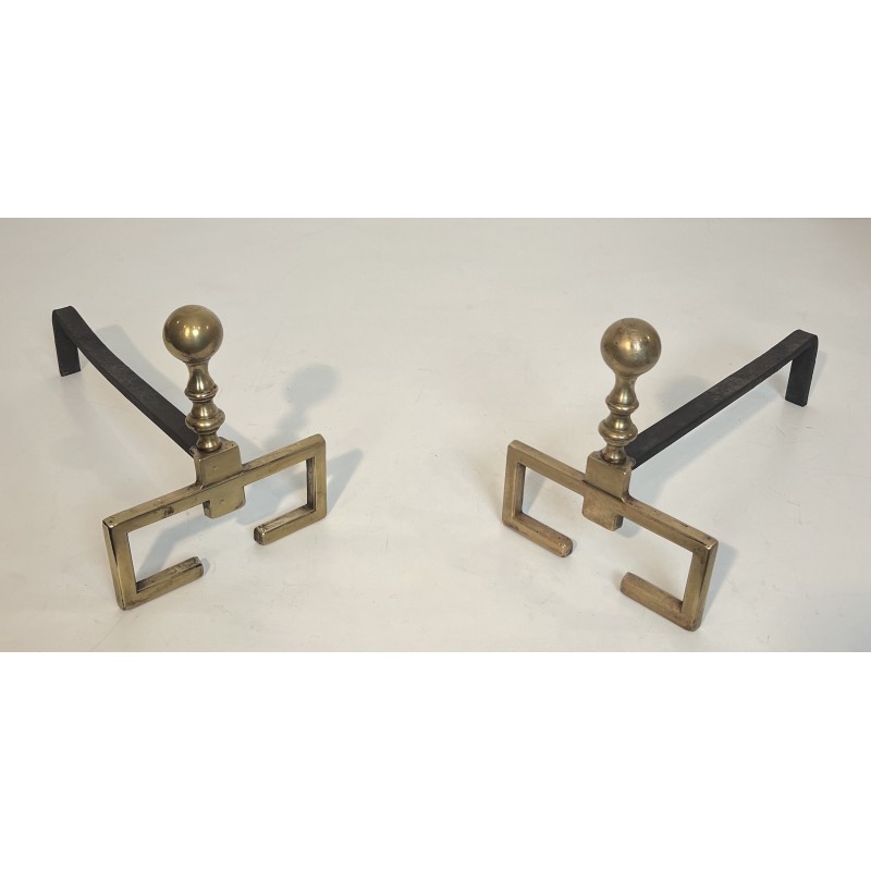 Paire de Chenets de Style Néoclassique en Laiton, Travail Français, Vers 1900