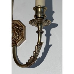 Pair of Empire Bronze Arrow Wall Sconces, Sun King Effigy, by Lucien Gau | circa 1950