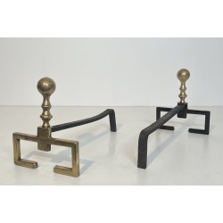 Paire de Chenets de Style Néoclassique en Laiton, Travail Français, Vers 1900