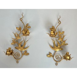 Pair of Gilded Metal Bird Wall Sconces in the Taste of Maison Baguès | French Work, circa 1970