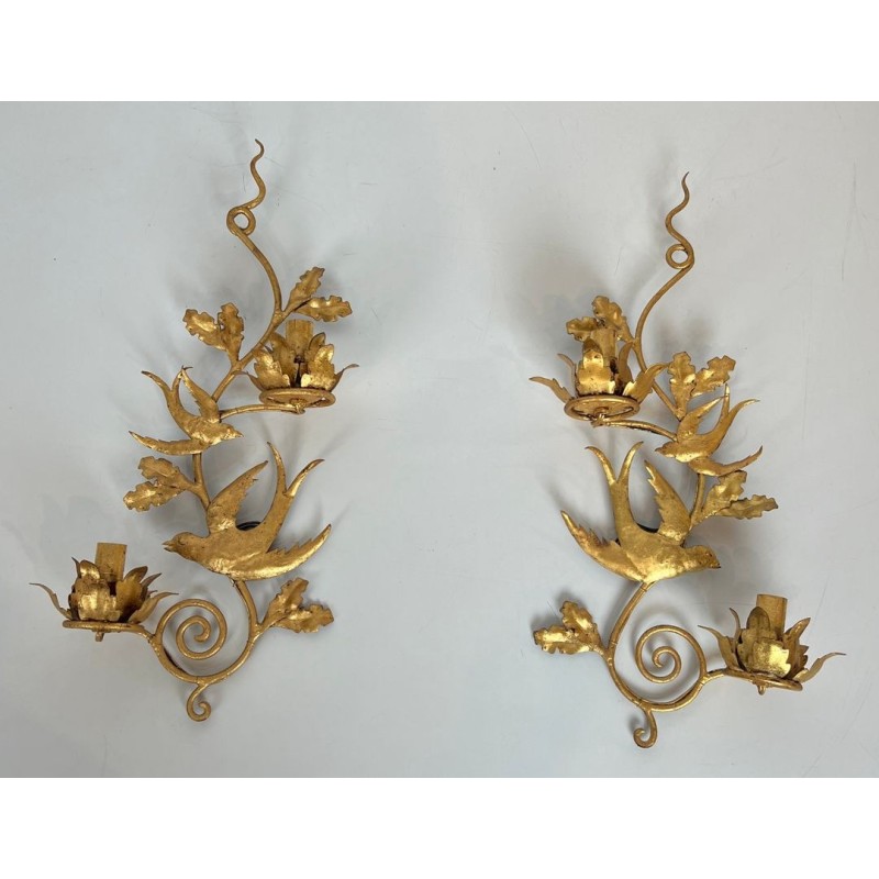 Pair of Gilded Metal Bird Wall Sconces in the Taste of Maison Baguès | French Work, circa 1970