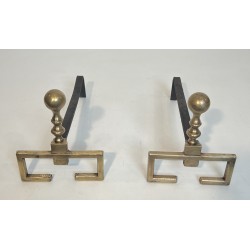 Pair of Neoclassical Style Brass Andirons, French Work, Circa 1900