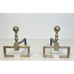 Paire de Chenets de Style Néoclassique en Laiton, Travail Français, Vers 1900