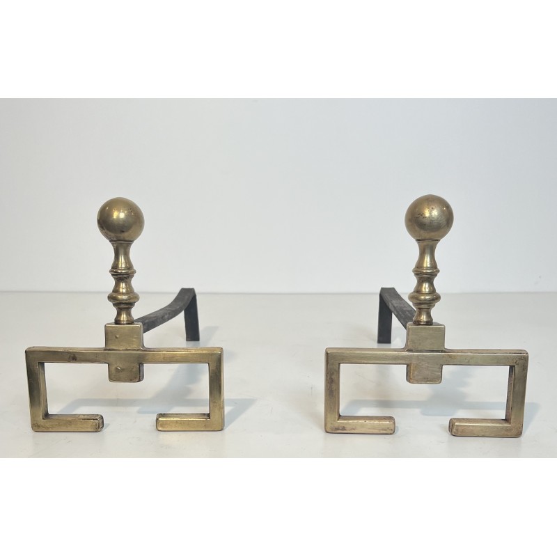 Paire de Chenets de Style Néoclassique en Laiton, Travail Français, Vers 1900