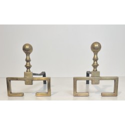 Pair of Neoclassical Style Brass Andirons, French Work, Circa 1900