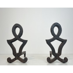 Pair of Modernist Cast Iron and Wrought Iron Andirons by Raymond Subes, French Work, Circa 1940