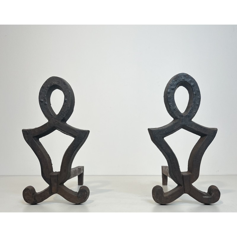 Pair of Modernist Cast Iron and Wrought Iron Andirons by Raymond Subes, French Work, Circa 1940