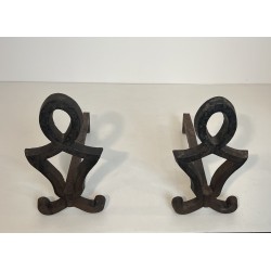 Pair of Modernist Cast Iron and Wrought Iron Andirons by Raymond Subes, French Work, Circa 1940