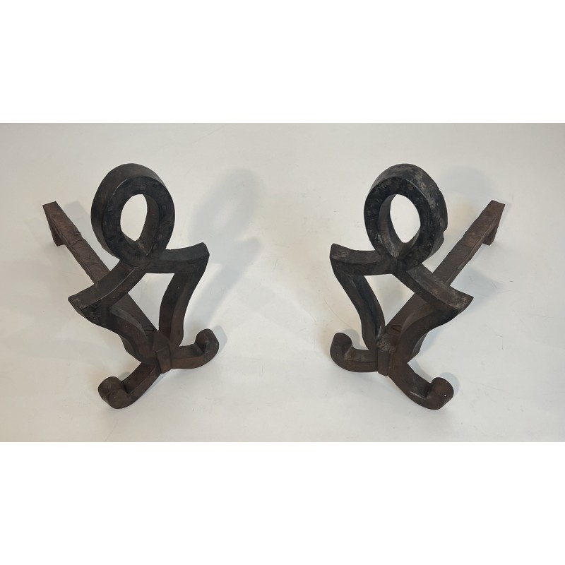 Pair of Modernist Cast Iron and Wrought Iron Andirons by Raymond Subes, French Work, Circa 1940