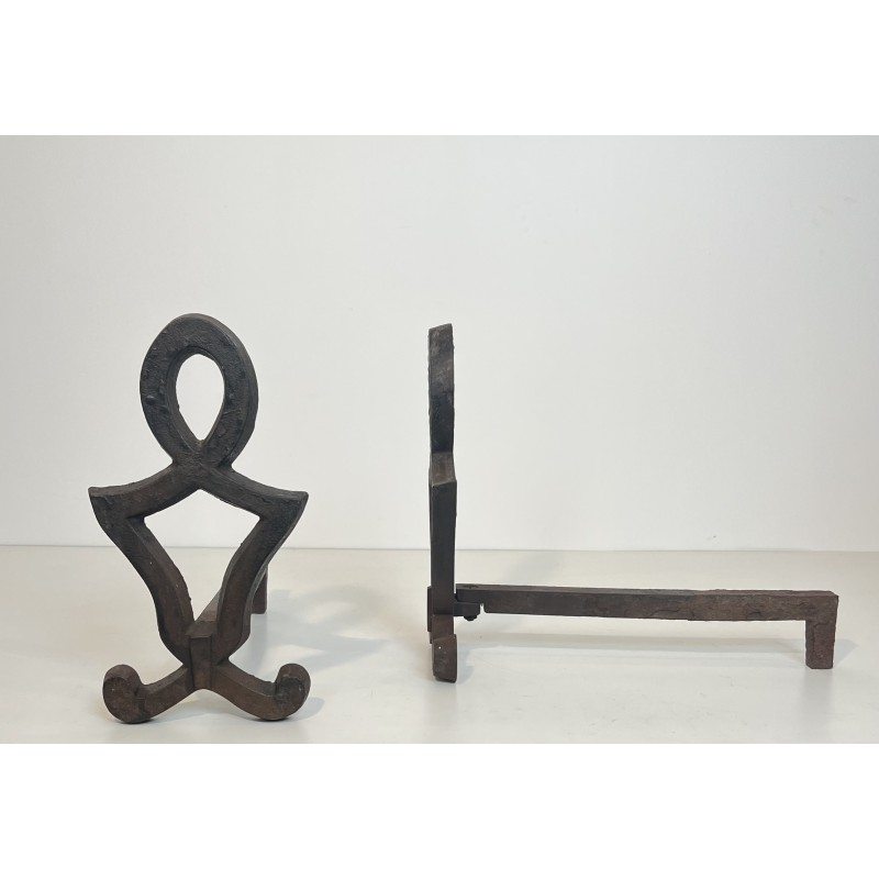 Pair of Modernist Cast Iron and Wrought Iron Andirons by Raymond Subes, French Work, Circa 1940