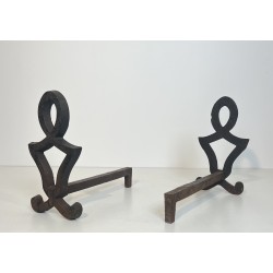 Pair of Modernist Cast Iron and Wrought Iron Andirons by Raymond Subes, French Work, Circa 1940