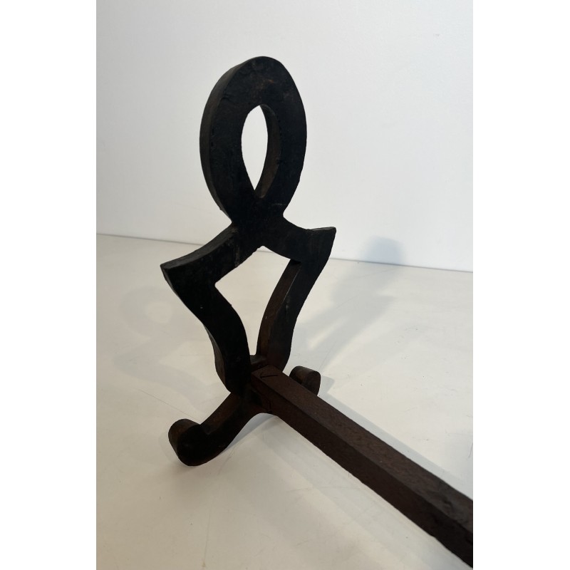Pair of Modernist Cast Iron and Wrought Iron Andirons by Raymond Subes, French Work, Circa 1940