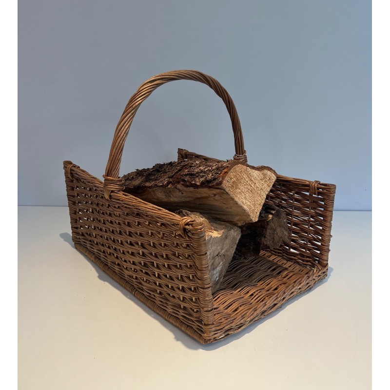 Porte-Bûches en Rotin, Travail Français, Vers 1970