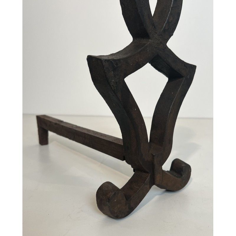 Pair of Modernist Cast Iron and Wrought Iron Andirons by Raymond Subes, French Work, Circa 1940