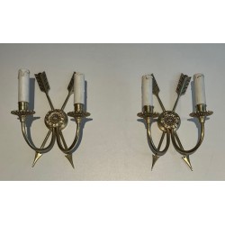 Pair of Empire Style Bronze Crossed-Arrow Wall Sconces | French Work, circa 1950
