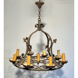 Lustre en Fer Forgé aux Trèfles à Neuf Lumières, Travail Français, Vers 1950