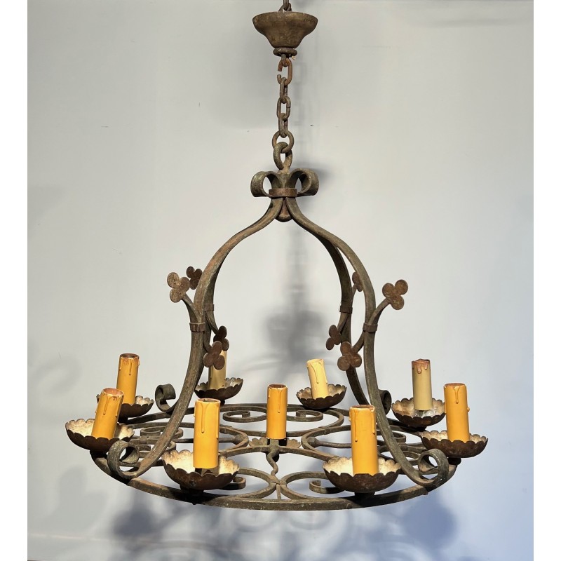 Lustre en Fer Forgé aux Trèfles à Neuf Lumières, Travail Français, Vers 1950