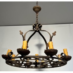 Nine-Light Clover Wrought Iron Chandelier, French Work, Circa 1950