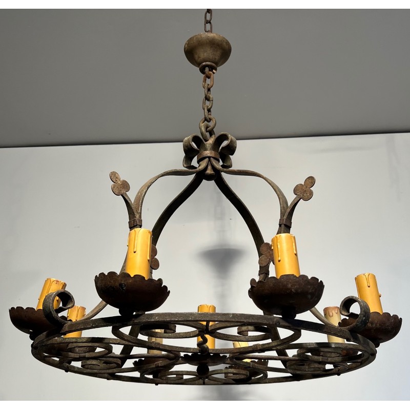 Nine-Light Clover Wrought Iron Chandelier, French Work, Circa 1950