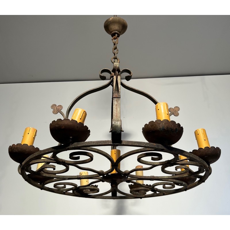Nine-Light Clover Wrought Iron Chandelier, French Work, Circa 1950