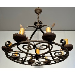 Lustre en Fer Forgé aux Trèfles à Neuf Lumières, Travail Français, Vers 1950