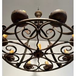 Nine-Light Clover Wrought Iron Chandelier, French Work, Circa 1950